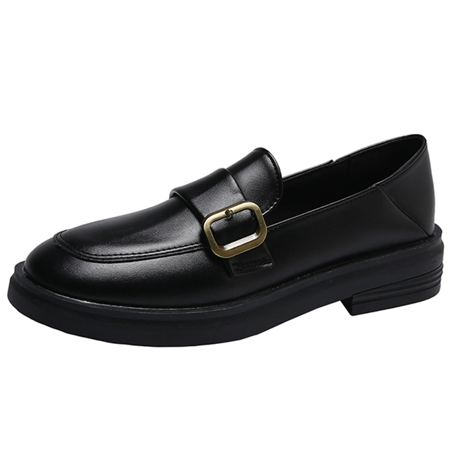 lucifer pearl pu leather loafers shoes for women buckle slip on platform flats woman 2022 spring black round toe office shoes