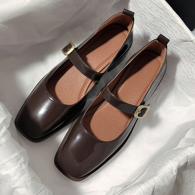 Rimocy Vintage Brown Low Heel Mary Jane Shoes for Women Spring Autumn Patent Leather Shoes Woman Square Toe Buckle Strap Pumps