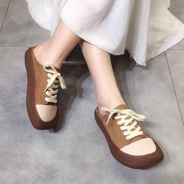 Half slippers women 2021 spring and summer new cool slippers contrast color retro handmade square lace up soft-soled shoes