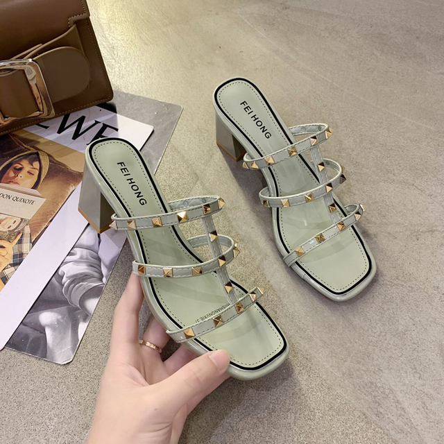 Summer 2021 New Slippers Women Rivet Sandals Women Square Toe Slippers Open Toe Shoes Fashion Shoes For Women Sexy High Heels