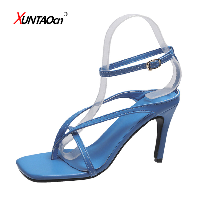 New Fashion Narrow Band Gladiator Sandals Women Thin High Heels Elegant Pumps Square Toe Ankle Buckle Strap Party Shoes