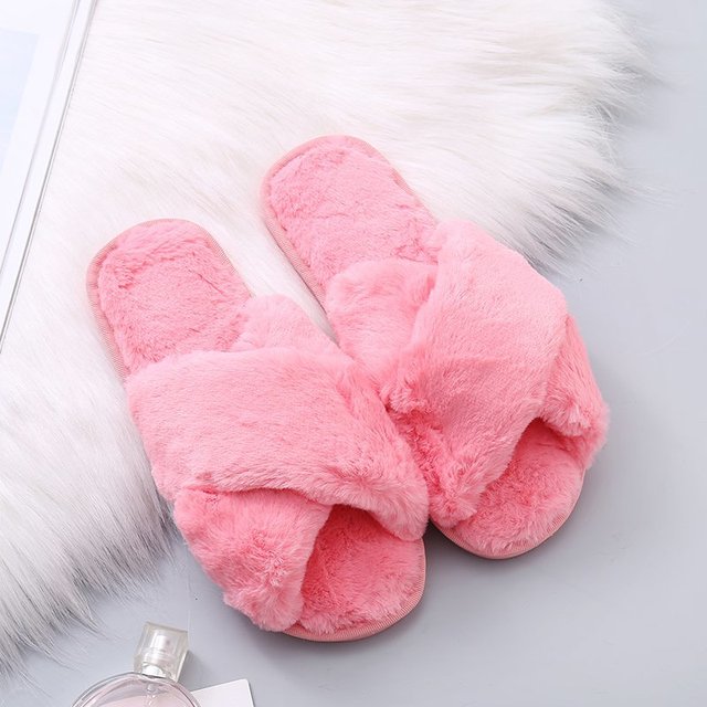 Fashion Women Cozy Fluffy Slippers Cozy Faux Fur Cross Indoor Floor Slides Flat Soft Furry Ladies Female Celebrity Flip Flops