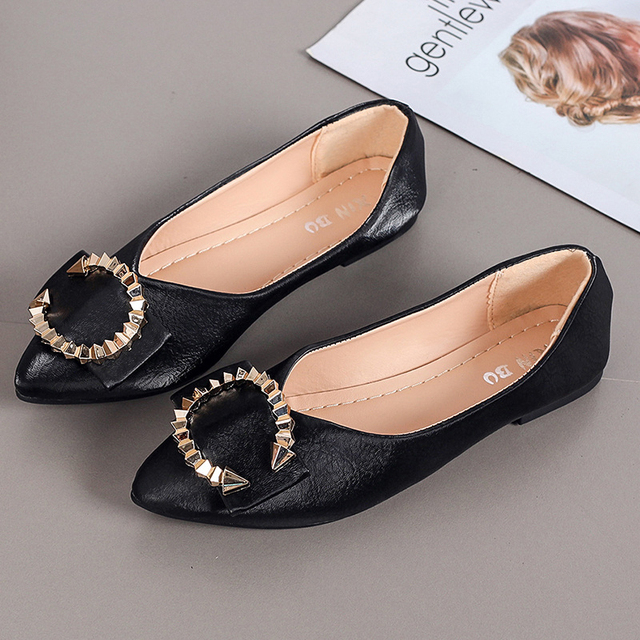 2022 Women's shoes fashion comfortable daily casual trend solid color PU pointed toe golden ring shallow mouth flat shoes