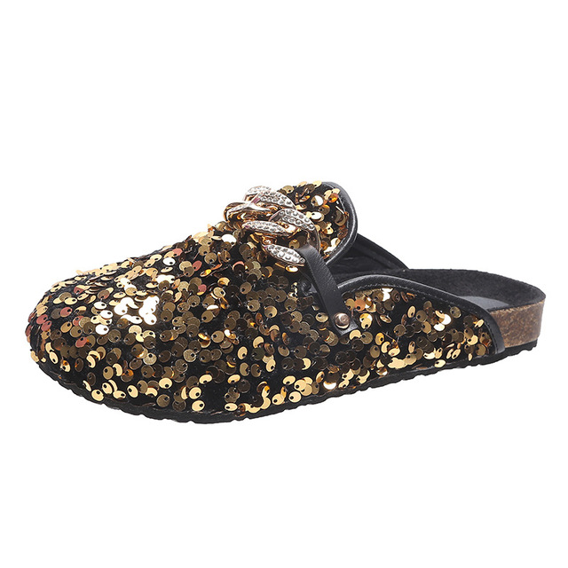 Fashion shoes women sequins metal chain slippers outdoor platform golden sandals 2022 new casual slip on lazy 43 size women shoes