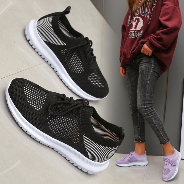 2022 Women Mesh Lace-up Sneakers Female Summer Vulcanized Mesh Breathable Sneakers Ladies New Flats Shoes Plus Size 43