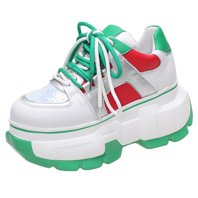 Lucifer Green Sequin Chunky Sneakers Shoes Woman 2022 Spring Mixed Color Platform Shoes For Women Lace Up Thick Sole Sneakers