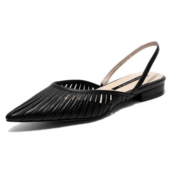 REAVE CAT Genuine Leather Women Sandals Flats Pointed Toe Shallow Back Strap Hollow Size 34-40 Solid Black Apricot Summer S3659