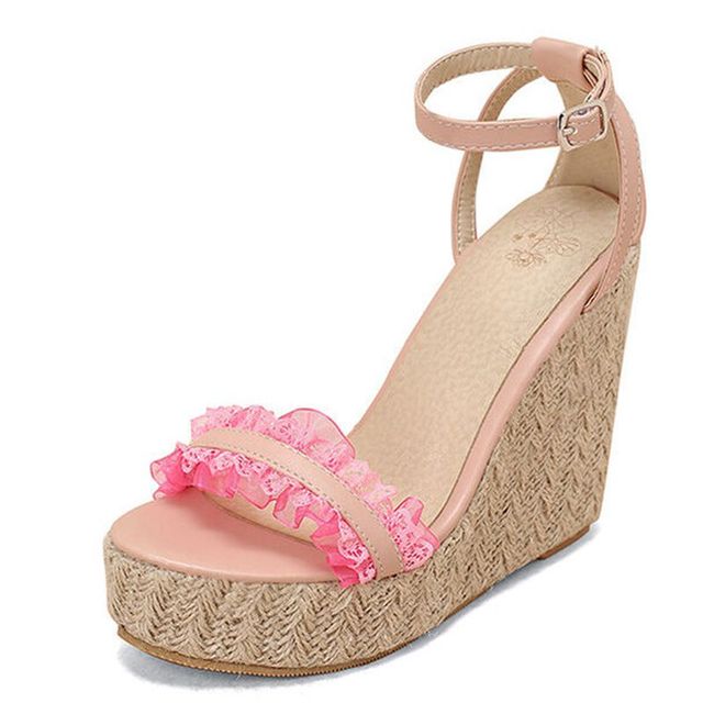 REAVE CAT 2022 Woman Sandals Esparddrilles Peep Toe Wedges Heel Lace Pleated Buckle Strap Big Size 30-48 Pink White Summer S3615