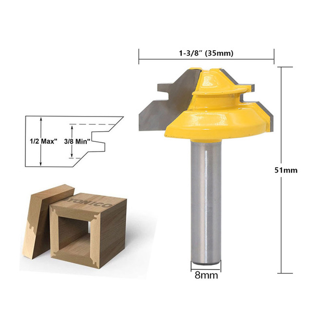 1/2" 1/4" 8mm Shank 45 Degree Lock Miter Router Bit 8*1-1/2 8*1-3/8 Tenon End Cutter Milling Tools for Woodworking