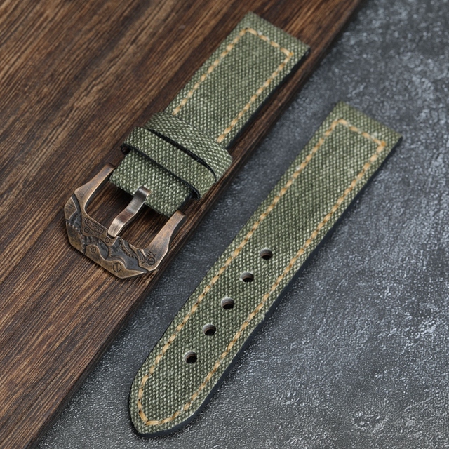 Handmade Canvas + Leather Watchband 20 22 24 26mm Compatible Bronze Strap Personalized Bronze Buckle