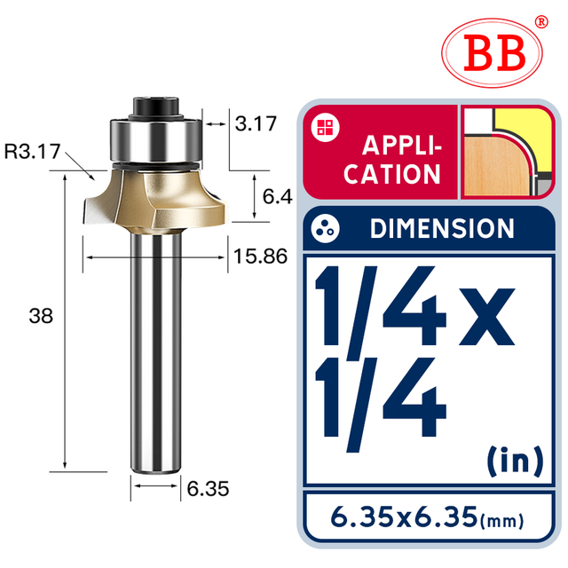 BB Corner Rounding Router Bit Concave Milling Cutter with Parallel Shank 1/2 1/4 Inch Woodworking Tool Round Edge Trimmer