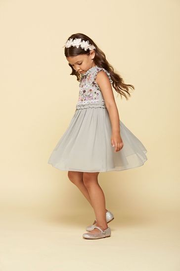 Amelia Rose Grey Floral Embroidered Dress