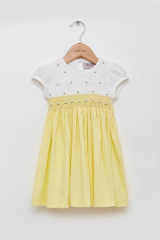 Trotters London Lemon Rose Hand Smocked Yellow Dress