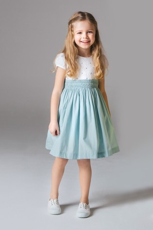 Trotters London Blue Rose Hand Smocked Dress