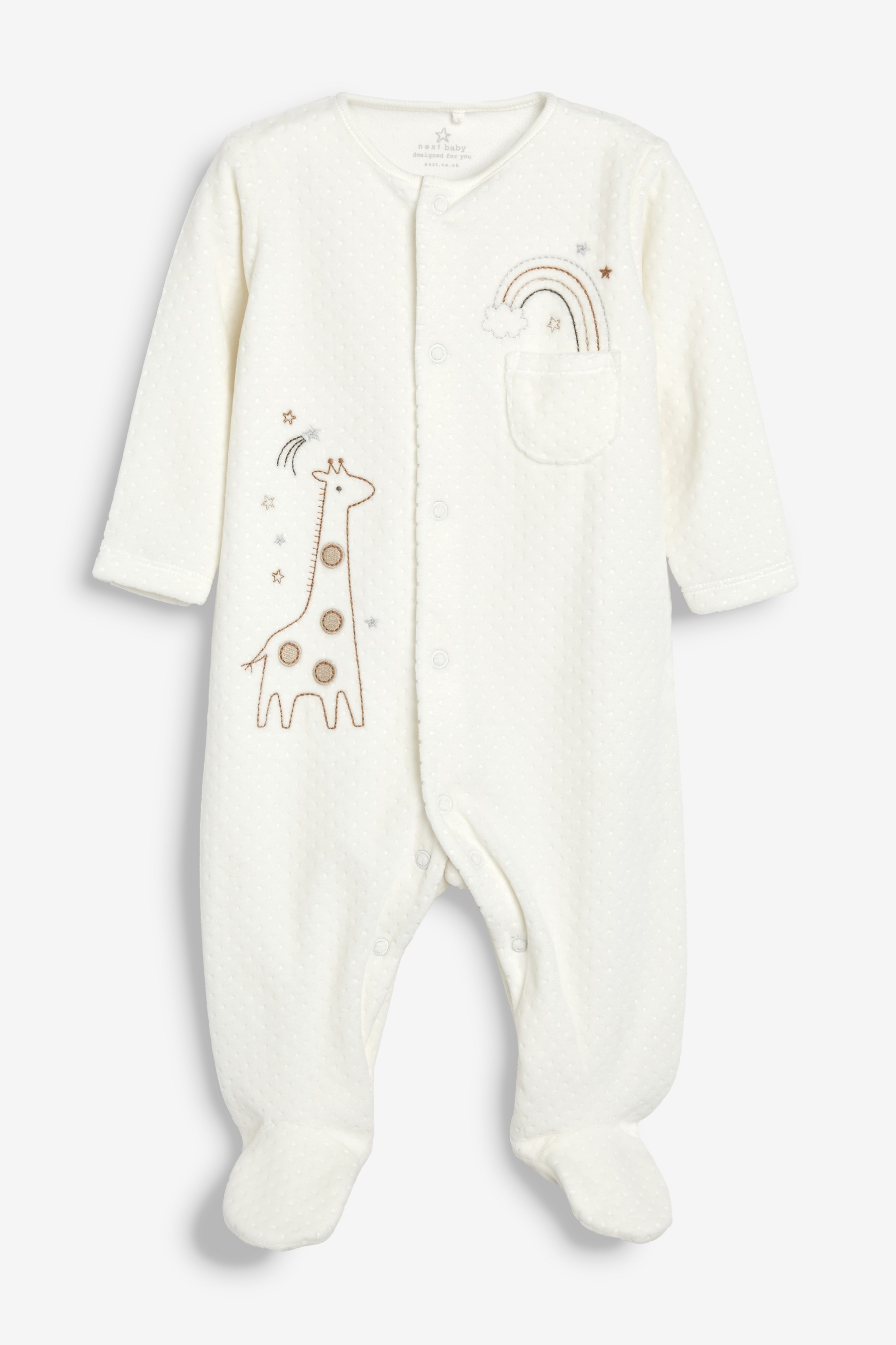 Giraffe Embroidered Velour Baby Sleepsuit (0-18mths)