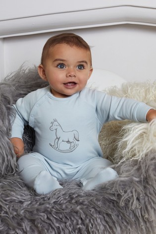 The Little Tailor Blue Chest Print Rocking Horse Sleepsuit