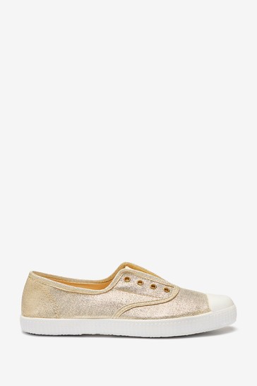 Trotters London Gold Adult Plum Canvas Shoes