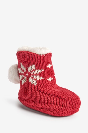 The Little Tailor Babies Red Christmas Fairisle Knitted Booties With Pom Poms