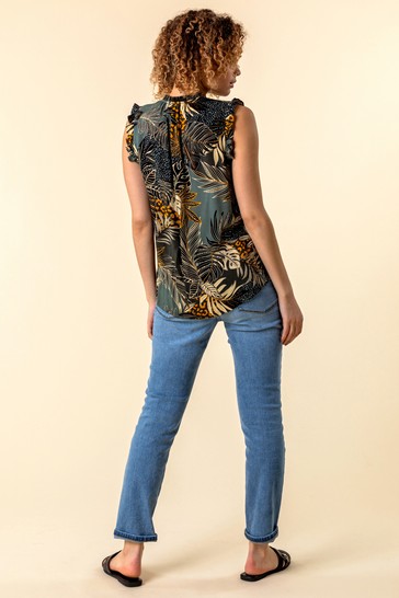 Roman Frill Detail Tropical Print Top