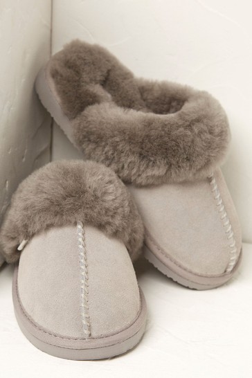 FatFace Grey Sienna Sheepskin Mule Shoes