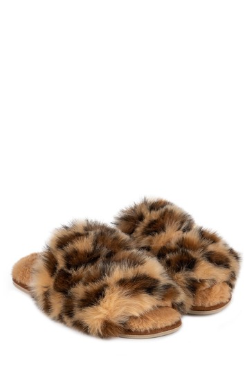 Totes Ladies Faux Fur Animal Double Strap Slider Slippers