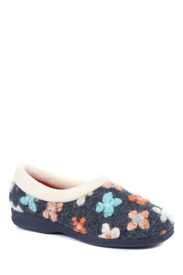 Pavers Blue Ladies Full Slippers with Flower Embellishment