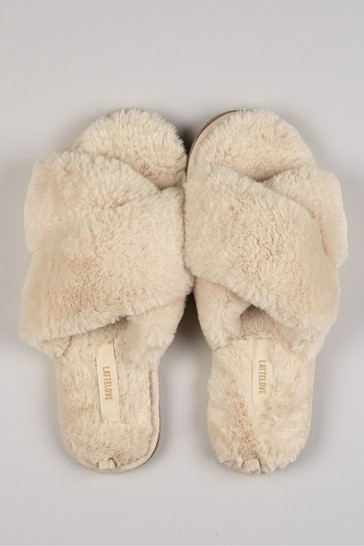 LatteLove Cream Sand Criss Cross Faux Fur Slide Slippers