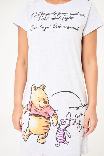 Brand Threads Ladies Official Disney Winnie The Pooh BCI Cotton Grey Nightdress Sizes XS-XL