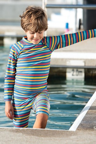 Frugi Blue UPF 50+ Rainbow Stripe Jammer Swim Shorts