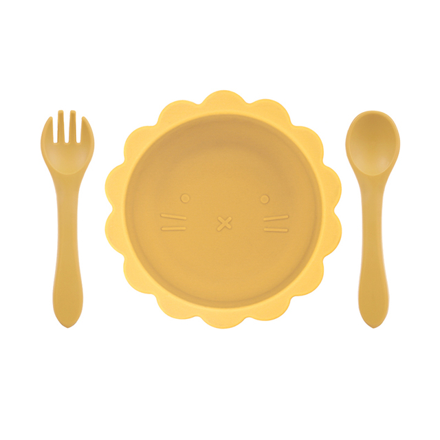 Cute silicone bowl children's complementary tableware food bowl BPA-free waterproof tableware plate wooden spoon silicone fork