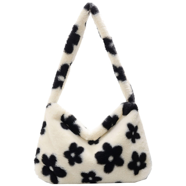 Fashion Women Cow Print Small Shoulder Bags Female Winter Plush Underarm Bags Leopard Zebra Pattern Fluffy Tote Bags Small Purses