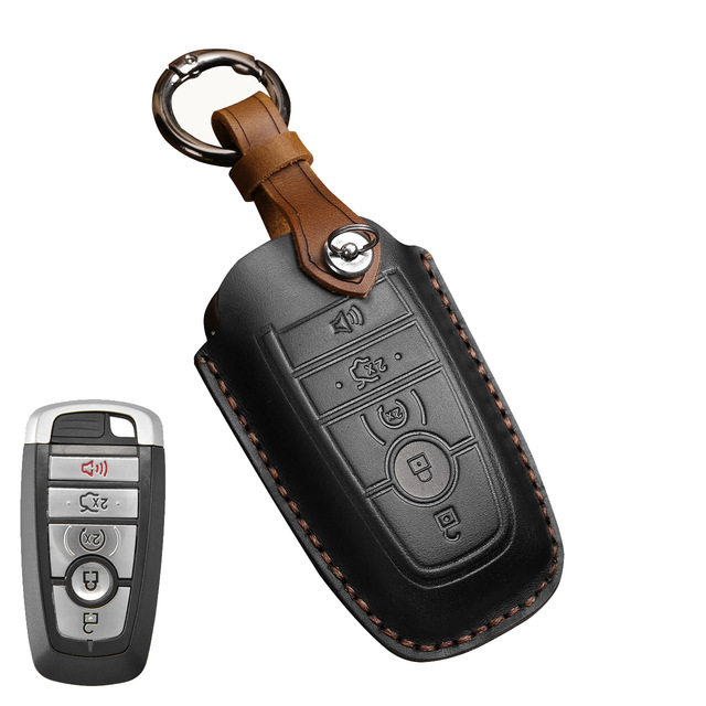 Leather Key Case Cover Fob Keychain Holder For Lincoln Ford Raptor F150 Explorer Everest Ranger Accessories Remote Keyring Bag