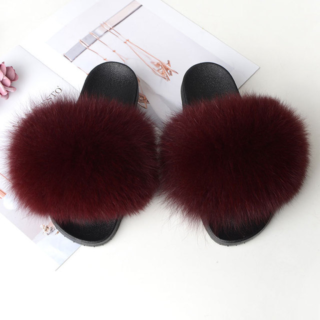 Women Summer Fluffy Fur Slippers Flat Non-slip Solid Real Furry Fur Slides Platform Shoes Plush Fur Sandals Flip Flops Women