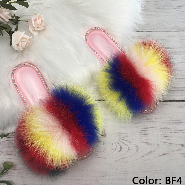 fluffy slippers women real fur home slides summer crystal rhinestones shoes for women flip flops with fur jelly sandals women