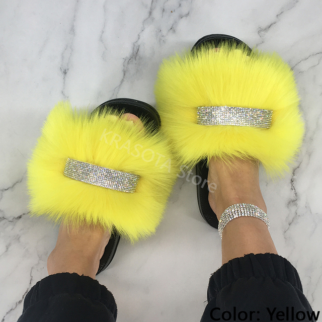 Home Slippers Women Thin Slippers Luxury Summer Faux Fur Slippers Furry Slides Shoes For Women With Rhinestones Slipper 2022