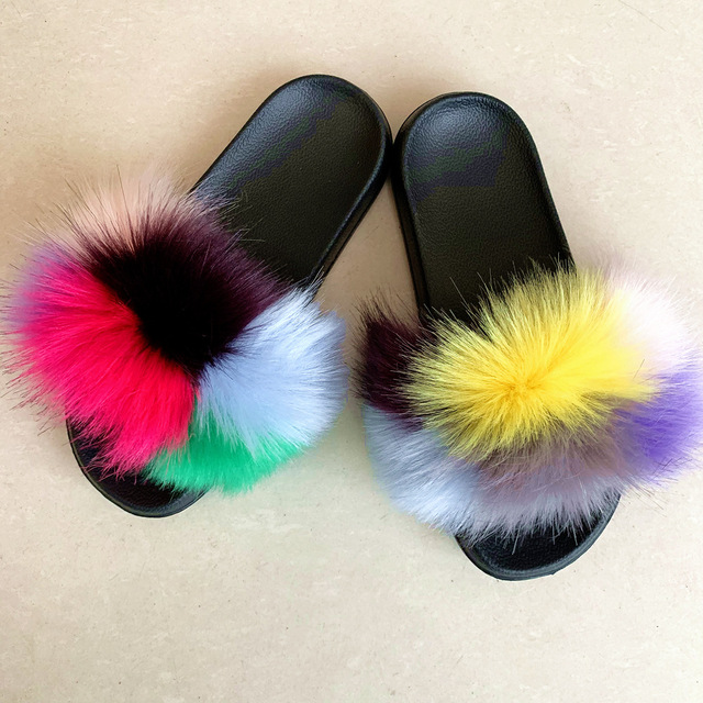 Fashion designer luxury ladies furry fur slippers colorful sandals rainbow shoes for women