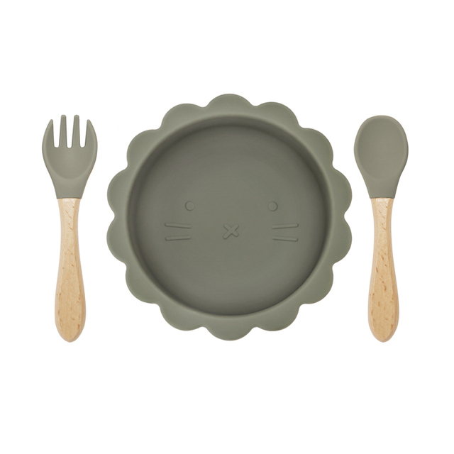 Cute silicone bowl children's complementary tableware food bowl BPA-free waterproof tableware plate wooden spoon silicone fork