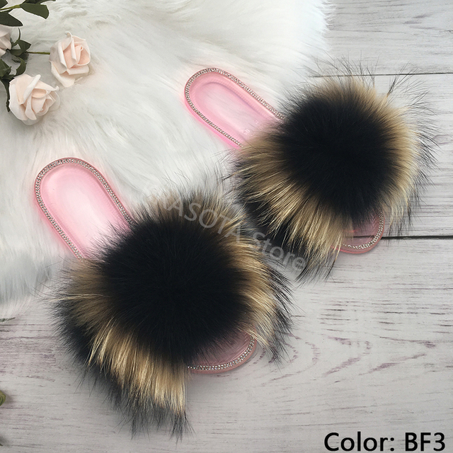 fluffy slippers women real fur home slides summer crystal rhinestones shoes for women flip flops with fur jelly sandals women