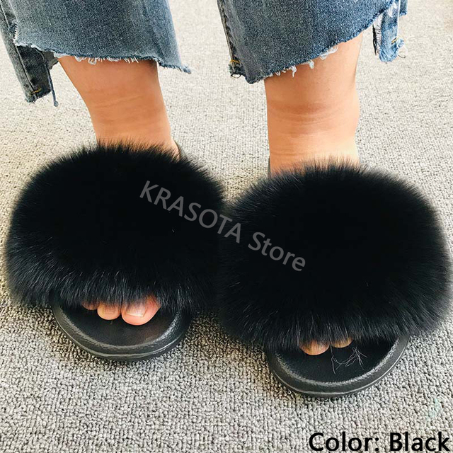 fluffy slippers women luxury real fox fur slippers women home fur slides ladies summer flip flops wholesale flat shoes slippers