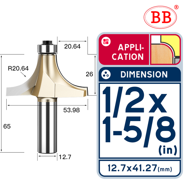 BB Corner Rounding Router Bit Concave Milling Cutter with Parallel Shank 1/2 1/4 Inch Woodworking Tool Round Edge Trimmer