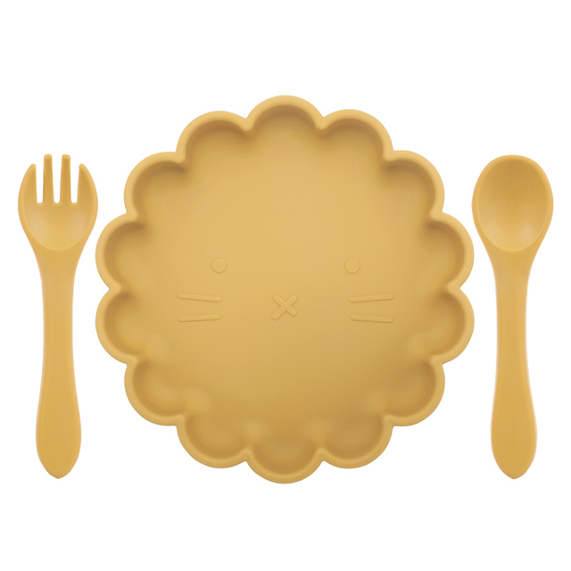 Children's Silicone Dinner Plate Strong Sucker Cartoon Lion Baby Feeding Set BPA Free Wooden Handle Fork Spoon Baby Shower Gift