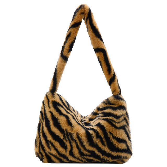 Fashion Women Cow Print Small Shoulder Bags Female Winter Plush Underarm Bags Leopard Zebra Pattern Fluffy Tote Bags Small Purses