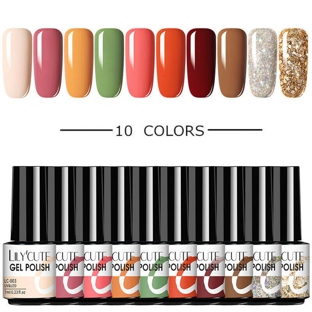 LILYCUTE 10pcs Gel Nail Polish Set With UV Lamp Nude Gel Semi Permanent Hybrid Varnish Base Top Coat Soak Off UV LED Nail Art