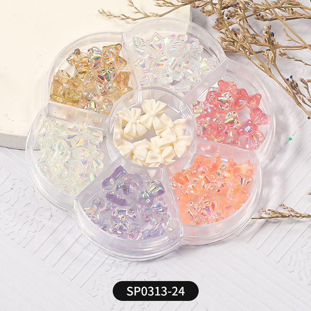 1 Box of 7 Nail Art Decorations Bow Aurora Bear Butterfly Rhinestone Pearl Mixed Set Box DIY Nail Decoration designer charms