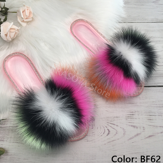 fluffy slippers women real fur home slides summer crystal rhinestones shoes for women flip flops with fur jelly sandals women