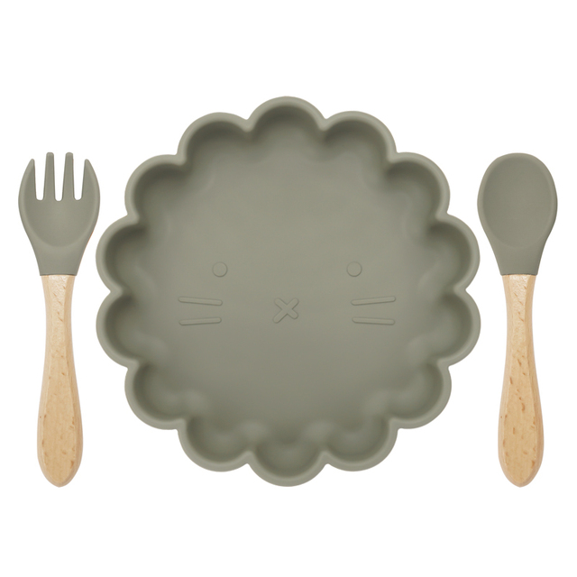 Children's Silicone Dinner Plate Strong Sucker Cartoon Lion Baby Feeding Set BPA Free Wooden Handle Fork Spoon Baby Shower Gift