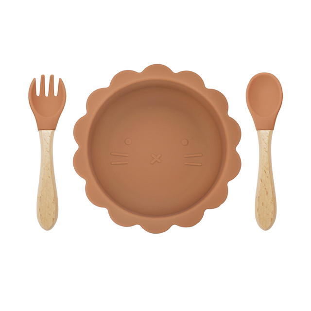 Cute silicone bowl children's complementary tableware food bowl BPA-free waterproof tableware plate wooden spoon silicone fork