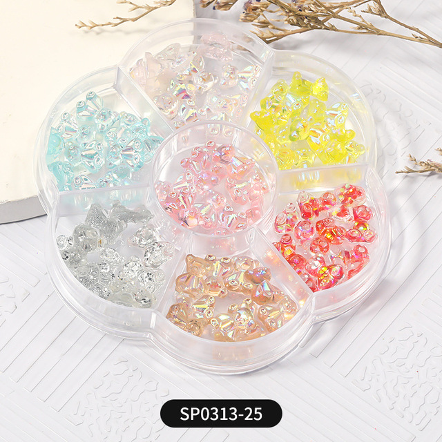 1 Box of 7 Nail Art Decorations Bow Aurora Bear Butterfly Rhinestone Pearl Mixed Set Box DIY Nail Decoration designer charms