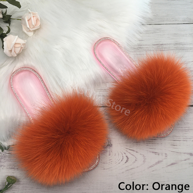 fluffy slippers women real fur home slides summer crystal rhinestones shoes for women flip flops with fur jelly sandals women