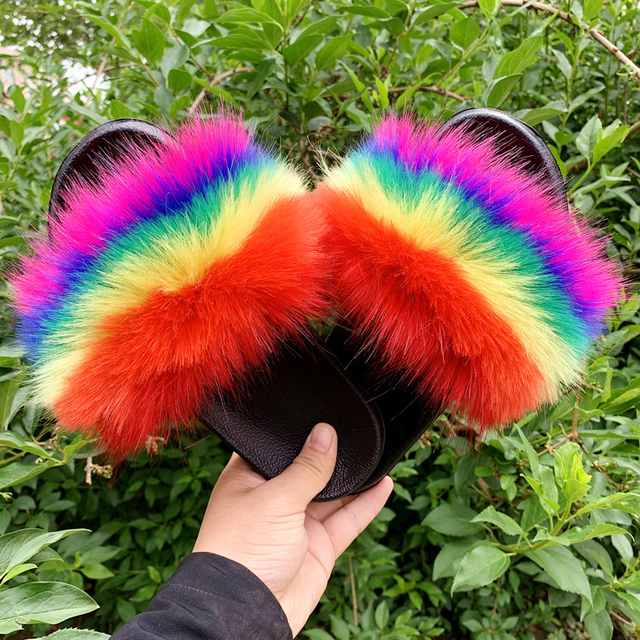 Fashion designer luxury ladies furry fur slippers colorful sandals rainbow shoes for women